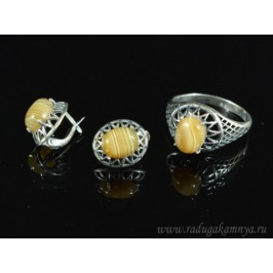 Кольцо и серьги с агатом тонированным, цвет кофе Кольцо и серьги с агатом тонированным, цвет кофе