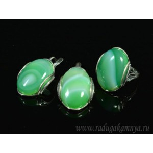 Кольцо и серьги с агатом тонированным, цвет зеленый