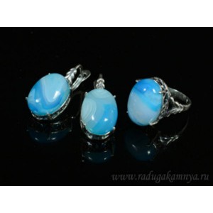 Кольцо и серьги агат тонированный, цвет голубой Кольцо и серьги агат тонированный, цвет голубой