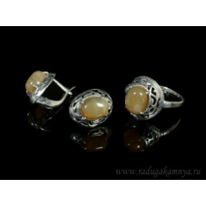 Кольцо и серьги с агатом тонированным, цвет кофе
