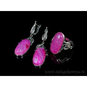 Кольцо и серьги с агатом тонированным, цвет  фуксия