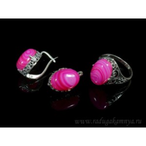Кольцо и серьги с агатом тонированным, цвет фуксия