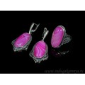 Кольцо и серьги с агатом тонированным, цвет фуксия
