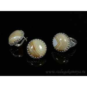 Кольцо и серьги с агатом тонированным, цвет кофе Кольцо и серьги с агатом тонированным, цвет кофе