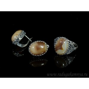 Кольцо и серьги с агатом тонированным, цвет кофе