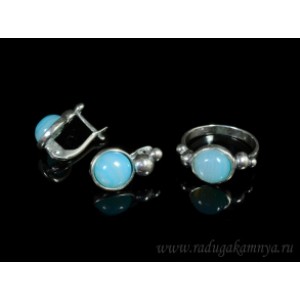 Кольцо и серьги с агатом тонированным, цвет  голубой