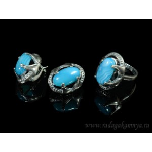 Кольцо и серьги агат тонированный цвет голубой