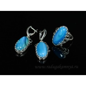 Кольцо и серьги с агатом тонированным цвет  синий
