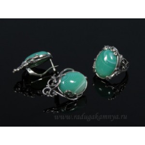 Кольцо и серьги с агатом тонированным,цвет  зеленый