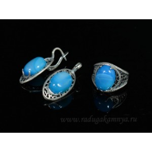 Кольцо и серьги с агатом тонированным цвет синий