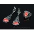Кольцо и серьги с агатом тонированным, цвет красный