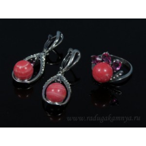 Кольцо и серьги с агатом тонированным, цвет  красный