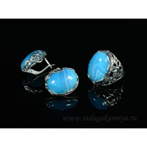 Кольцо и серьги с агатом тонированным, цвет голубой Кольцо и серьги с агатом тонированным, цвет голубой
