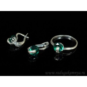 Кольцо и серьги циркон искусственный, цвет изумрудный (иск.)