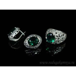 Кольцо и серьги с цирконом искусственным, цвет изумрудный  (иск.)