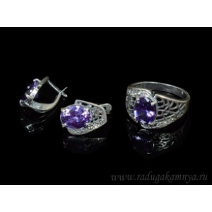 Кольцо и серьги с цирконом искусственным, цвет  аметист  (иск.)