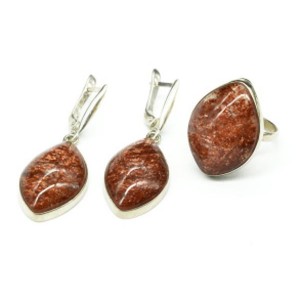 Кольцо и серьги горный хрусталь на авантюрине