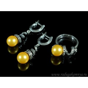 Кольцо и серьги с майоркой, цвет золотистый  (иск.)