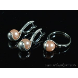 Кольцо и серьги с майоркой цвет  розовый  (иск.)