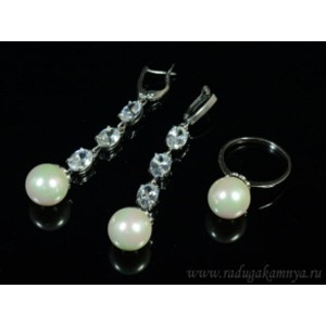 Кольцо и серьги с майоркой и цирконом, цвет белый (иск.)