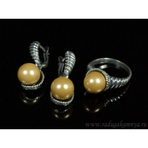 Кольцо и серьги с майоркой, цвет олива  (иск.)