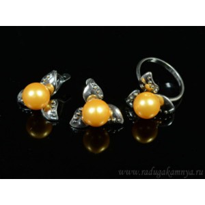 Кольцо и серьги с майоркой, цвет оранжевый  (иск.)