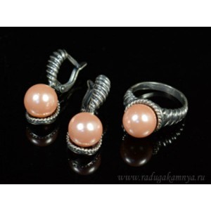 Кольцо и серьги с майоркой, цвет розовый  (иск.)