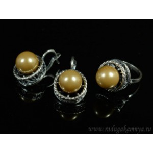 Кольцо и серьги с майоркой цвет олива  (иск.)