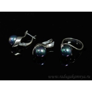 Кольцо и серьги с майоркой, цвет черный  (иск.)