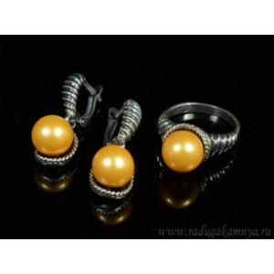 Кольцо и серьги с майоркой цвет золотистый  (иск.)