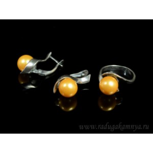 Кольцо и серьги с майоркой цвет золотистый  (иск.)