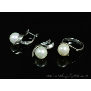Кольцо и серьги с майоркой цвет белый  (иск.)