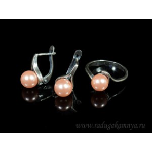 Кольцо и серьги с майоркой цвет розовый  (иск.)