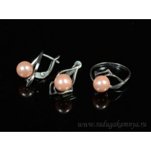 Кольцо и серьги с майоркой цвет розовый  (иск.)