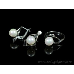 Кольцо и серьги с майоркой цвет белый  (иск.)