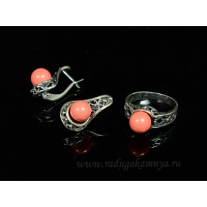 Кольцо и серьги с майоркой цвет оранжевый  (иск.)