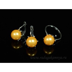 Кольцо и серьги с майоркой, цвет оранжевый  (иск.)