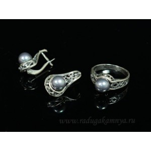 Кольцо и серьги с майоркой цвет  серый  (иск.)