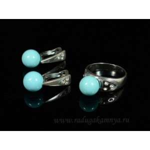 Кольцо и серьги с майоркой цвет голубой  (иск.)