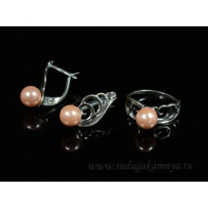 Кольцо и серьги с майоркой цвет розовый  (иск.)