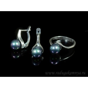 Кольцо и серьги с майоркой цвет черный  (иск.)