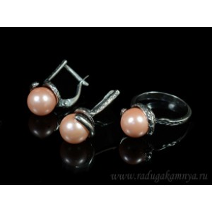 Кольцо и серьги с майоркой цвет розовый  (иск.)