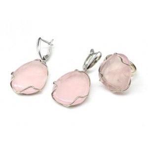 Кольцо и серьги из розового кварца