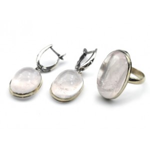 Кольцо и серьги из розового кварца " Овал "