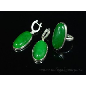 Кольцо, серьги с кварцем (имитация хризопраза) в посеребрении овал 17*32мм