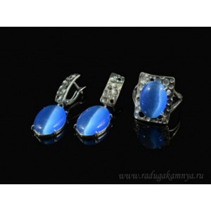 Кольцо и серьги с кошачьим глазом, цвет синий  (иск.)