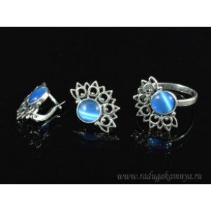Кольцо и серьги с кошачьим глазом, цвет синий  (иск.)