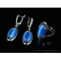 Кольцо и серьги с кошачьим глазом, цвет синий (иск.) Кольцо и серьги с кошачьим глазом, цвет синий (иск.)