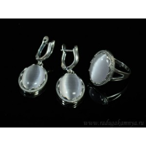 Кольцо и серьги с кошачьим глазом, цвет серый  (иск.)