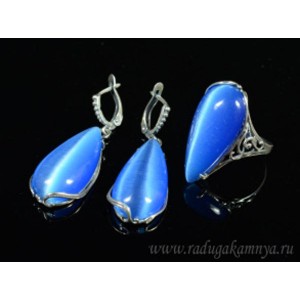 Кольцо и серьги с кошачьим глазом, цвет синий  (иск.)